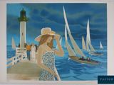 a painting of a woman standing on a pier by the water