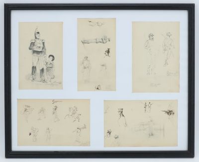 four drawings of a man and a dog in a black frame