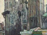 tableau représentant une grande cathédrale dans une ville, avec des passants marchant sur le trottoir
