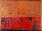 painting of an orange and black abstract painting on a wooden frame