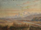 a painting on the wall of a room with mountains in the background