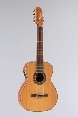 une guitare acoustique accrochée à un mur sur fond blanc