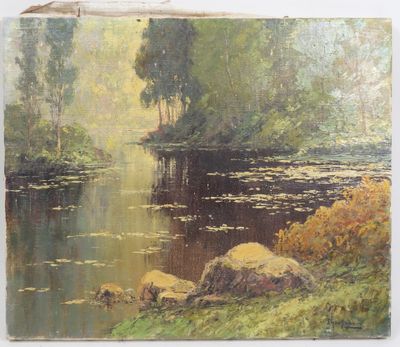 an image of a painting of a river with trees in the background