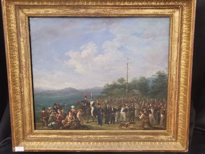 une peinture à l'huile représentant un groupe de personnes debout dans un champ