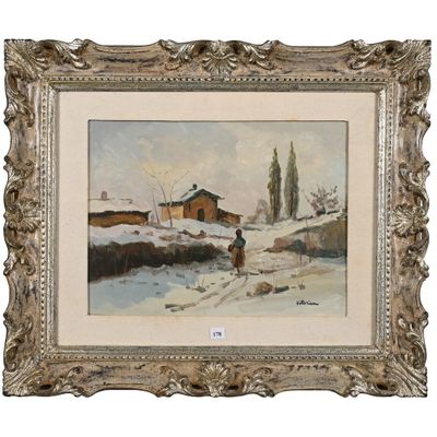 une image représentant un tableau représentant un paysage enneigé avec une maison en arrière-plan