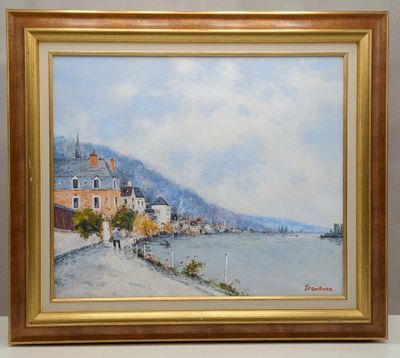 une peinture à l'huile représentant une vue d'une ville au bord de l'eau