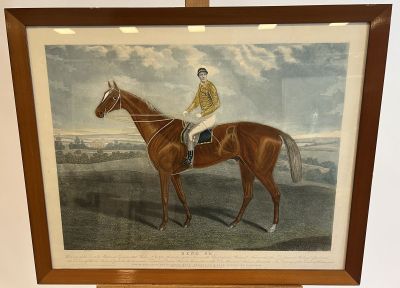 painting of a man riding a horse in a field with a sky background