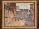 une peinture à l'huile représentant une scène de rue avec des personnes marchant dans la rue