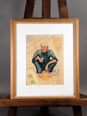 tableau représentant un homme assis sur une chaise, avec un chat sur les genoux