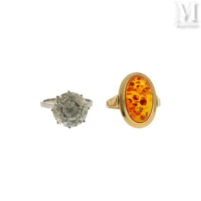 paire de bagues ornées d'une topaze orange et d'une topaze argentée