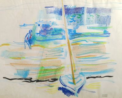 drawing of a sailboat on the water with a person walking in the background