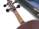 a violin sitting next to a case on a white surface