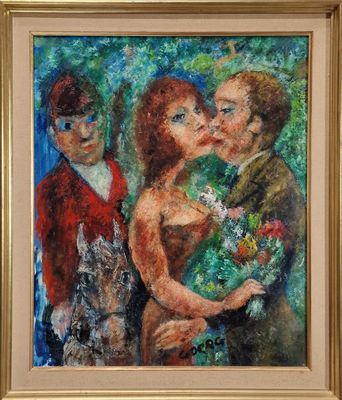 an oil painting of a couple and two children with a dog