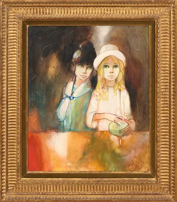 tableau représentant deux jeunes filles coiffées de chapeaux, assises à une table
