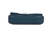 a blue leather clutch bag with a long strap and a metal clasp