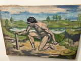 painting of a naked man kneeling on the ground next to a river