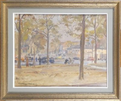 framed painting of a street scene with a horse and buggy in the foreground
