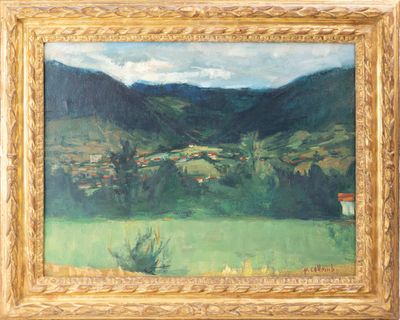 une image représentant un tableau d'un champ vert avec des montagnes en arrière-plan