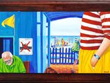 a painting of a man standing in front of a blue door