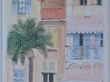 a picture of a painting of a palm tree in front of a building