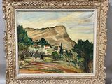 an oil painting of a landscape with a mountain in the background