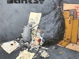 a painting of a rat sitting on a garbage bag next to a trash can