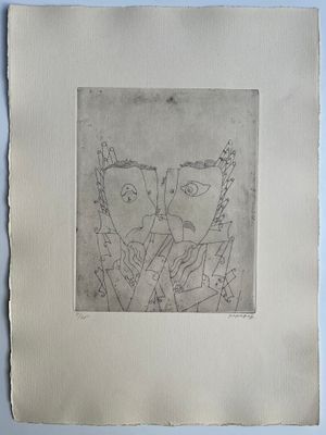 a drawing of two people on a piece of paper with a blue background