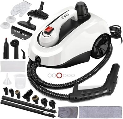 a close up of a steam cleaner with a hose and accessories