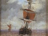 tableau représentant un voilier en pleine mer, avec d'autres bateaux en arrière-plan