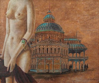 un tableau représentant une femme nue debout devant un bâtiment