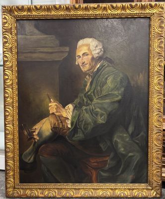 a painting of a man in a green coat sitting on a chair