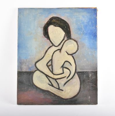 une peinture à l'huile représentant une femme tenant un bébé dans ses bras