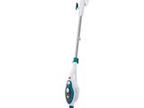 a white and blue steam mop sitting on top of a white floor