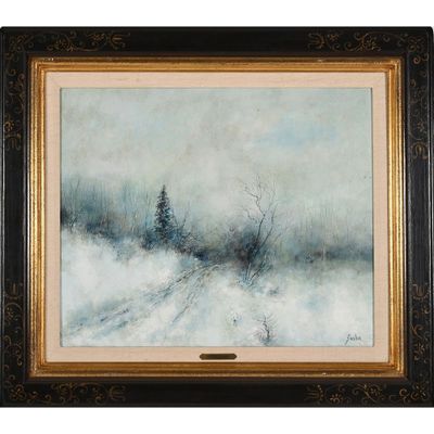 une peinture d'un paysage enneigé avec des arbres au premier plan