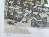 a picture of a drawing of a town with a clock tower in the background