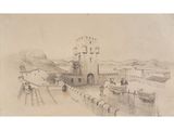 an old drawing of a castle in the middle of a town