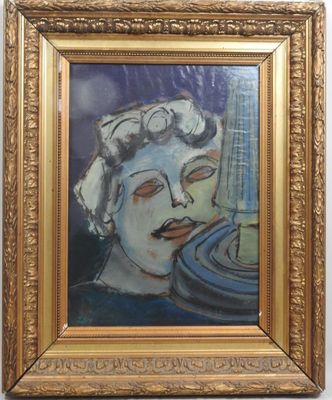painting of a woman with a cigarette in a gold frame on a wall