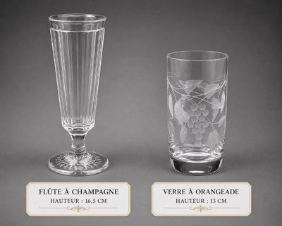 three different types of champagne glasses with labels on them