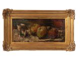 tableau représentant une nature morte composée de pommes et d'argenterie posées sur une table