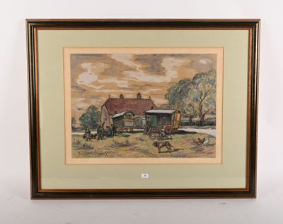 tableau représentant une scène de vie à la ferme avec un cheval tiré par un homme