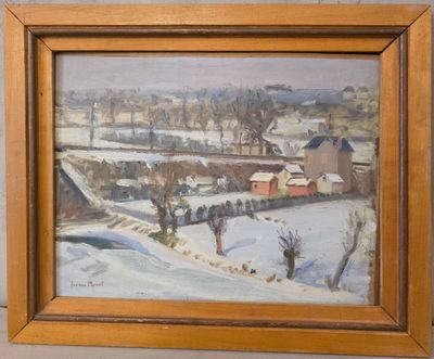 peinture représentant un paysage enneigé avec une grange rouge en arrière-plan