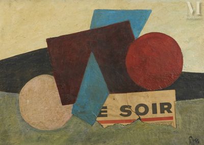 an image of a painting of a red ball and a blue and red object