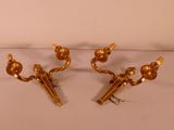 pair of gold plated wall sconces on a white surface