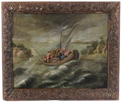 une peinture à l'huile représentant un bateau avec des personnes à bord sur un plan d'eau
