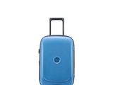 a blue piece of luggage with wheels on a white background