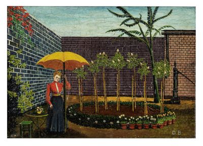 a painting of a woman holding an umbrella in a garden