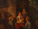 un tableau représentant un groupe d'enfants jouant devant une maison