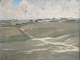 an oil painting of a field with houses in the distance