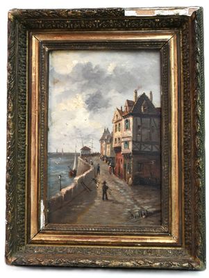 une peinture à l'huile représentant un homme marchant dans une rue au bord d'un plan d'eau