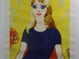 poster of a woman in a blue dress with a yellow background